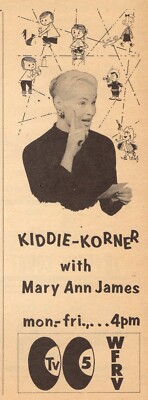 1957 WFRV WISCONSIN TV AD/MARY ANN JAMES hosts KIDDIE KORNER/KIDS SHOW GREEN BAY
