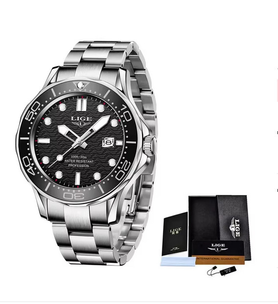 Montre de plongée LIGE homme en acier chirurgical et verre minéral anti-rayures