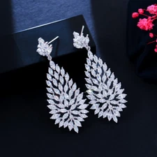 White Gold Plated Cubic Zirconia Long Leaf Cluster Dangle Drop Earrings Jewelry