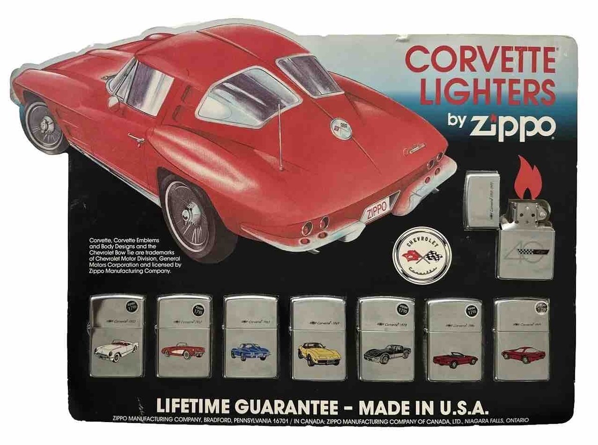 Vtg Zippo Gift Set Chevrolet Corvette Design w/Display[Very Rare