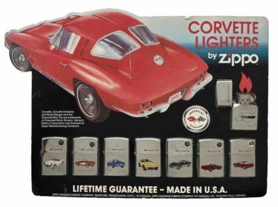 Vtg Zippo Gift Set Chevrolet Corvette Design w/Display[Very Rare