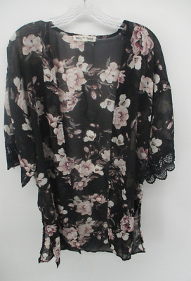 Wall Flower Medium Lace Trimmed Sheer Floral Open Robe or Blouse