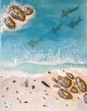 Ocean Beach with real sand acrylic/resin canvas painting  with sharks original