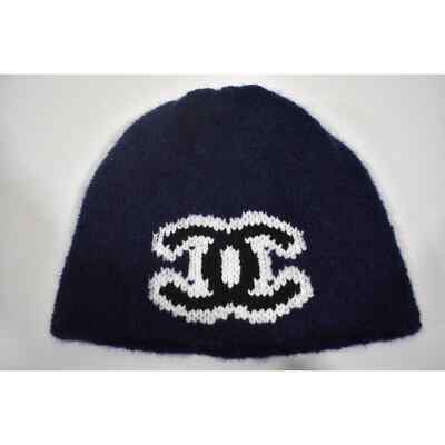 CHANEL ネイビー ビーニー Chanel 22B Wool Cashmere Navy Blue White Black CC Logo Beanie