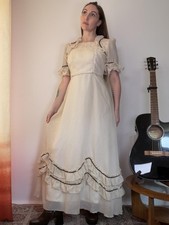 Vintage 1970s Maxi DRESS Cream Polka dot Prairie Dress with Ruffle Trim Size 12