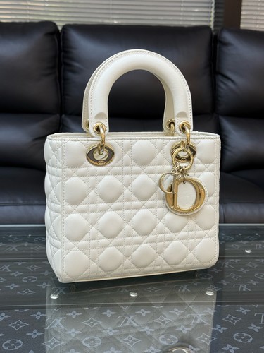 Authentic Dior Lady Dior Small White Cannage Bag Gold Hardware