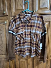 NWT SO Goods For Life Brown Plaid, Sz L Button Front Long Sleeve Flannel Shirt 