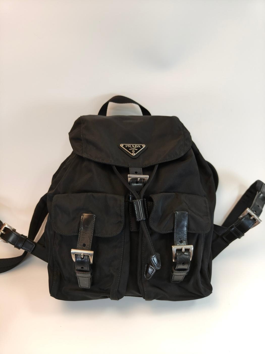 PRADA Nylon Leather Backpack Drawstring Flap Blac… - image 2