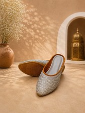 Handmade Women's Grey Floral Embroidered Boho Mule Flat Ethnic Jutti Shoes