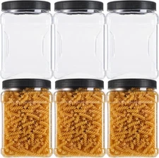 Lawei Square Plastic Jars with Lids - Clear Empty 6 Pack 60 Oz, Black 