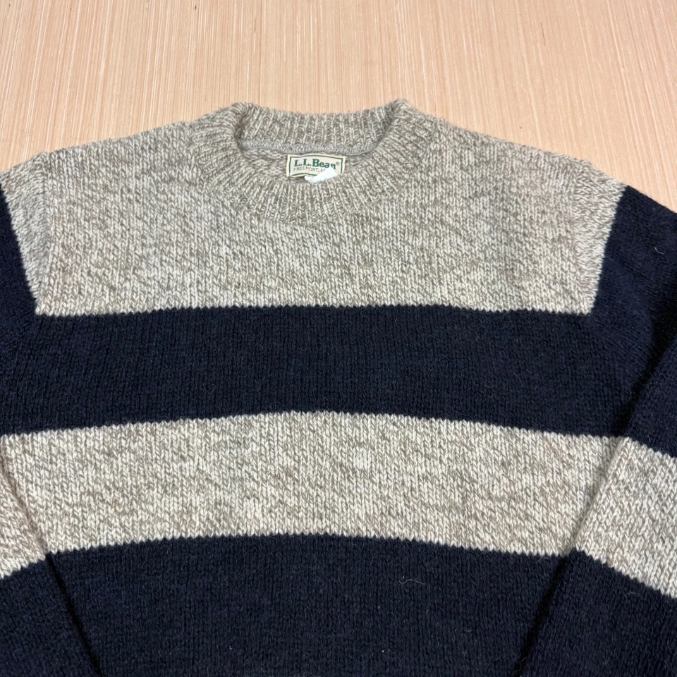 Suéter Vintage LL Bean Rayas Beige Azul Lana Nylon Hecho en EE. UU. Mediano Para Hombre Foto 2 de 4