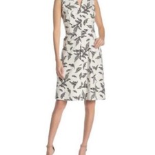 NWT T Tahari White Sleeveless Linen Blend Dress with Black Leaf Print P0303