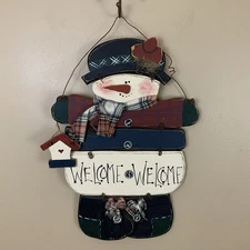 Primitive Wooden Snowman Welcome Sign Rustic Country Christmas Wall Door Decor
