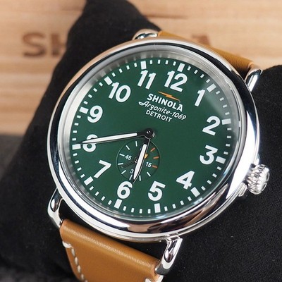 Shinola Runwell 47mm Green Dial Brown Leather Strap Men's Quartz Watch with Box