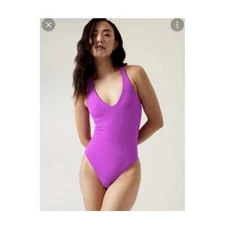 NEW ATHLETA Transcend Thong Bodysuit Medium purple Removable Bra T Back  NWOT