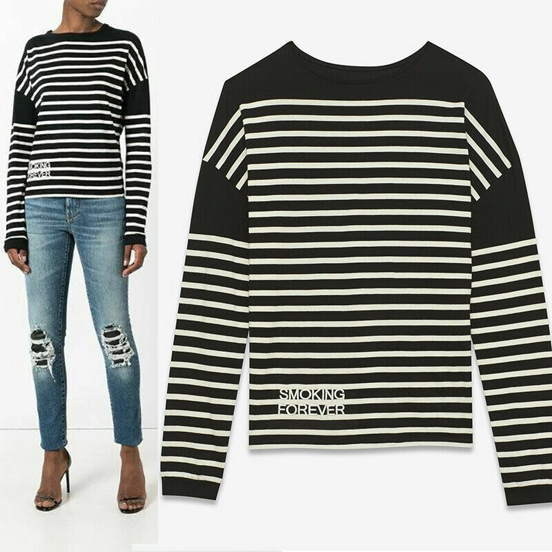 sz S NEW $890 SAINT LAURENT Black White SMOKING FOREVER Striped Long Sleeve TOP