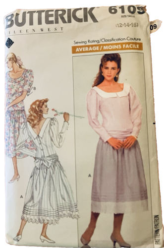 VTG `88 Butterick 6109 Misses Drop Waist Tea Length Prairiecore SZ 12-16 FF - Picture 2 of 5