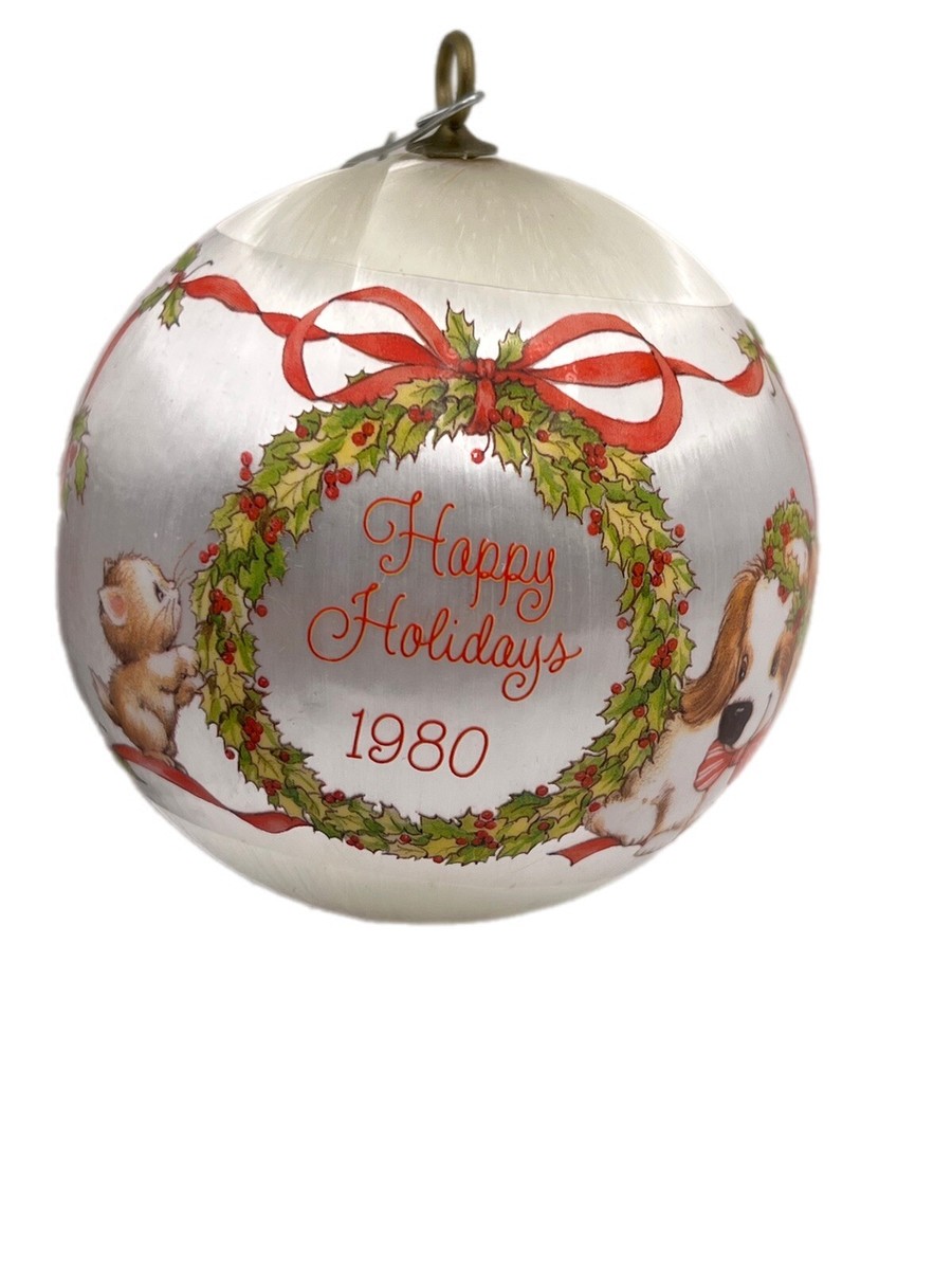 Vtg 1980 Hallmark Christmas Tree Ornament Wreath Puppy Little Girl