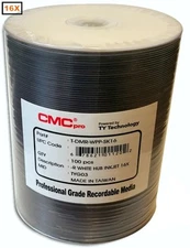 100-Pak CMC PRO (TY Technology) White Inkjet Hub 16X DVD-R's in Tapewrap