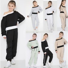 Girls Kids Tracksuits Off Shoulder Lounge Sports Dance Gym Jogging Top Bottom