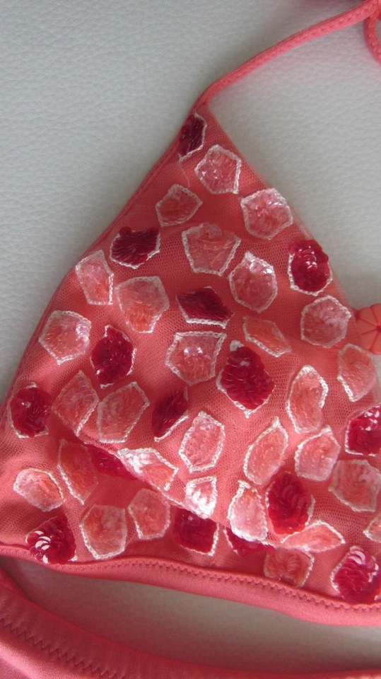 La Perla Triangle Coral Pink Bikini Mosaic Stone Sequins Lycra Size 44 NWT $485 - Image 4 of 4