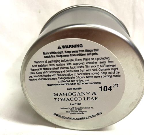 COLONIAL CANDLE 4 oz Candle Tin MAHOGANY & TOBACCO LEAF Soy - Travel - Picture 2 of 3