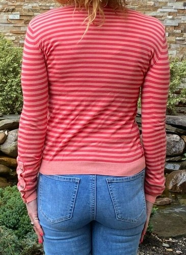 GIORGO ARMANI JEANS PEACH MELON STRIPED LOGO BUTTONS V NECK SWEATER JUMPER S 🌸 - Picture 7 of 11