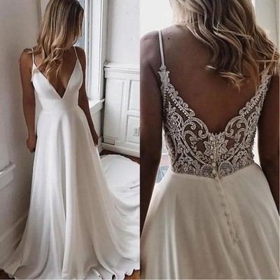 Modern Simple A Line Spaghetti strap Beach Wedding Dresses Lace Boho Gowns Bride