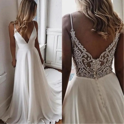 #ad Modern Simple A Line Spaghetti strap Beach Wedding Dresses Lace Boho Gowns Bride $115.50