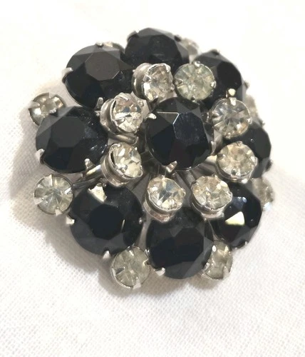 Vintage Black & Clear Rhinestone Brooch – Mid-Century Costume Jewelry