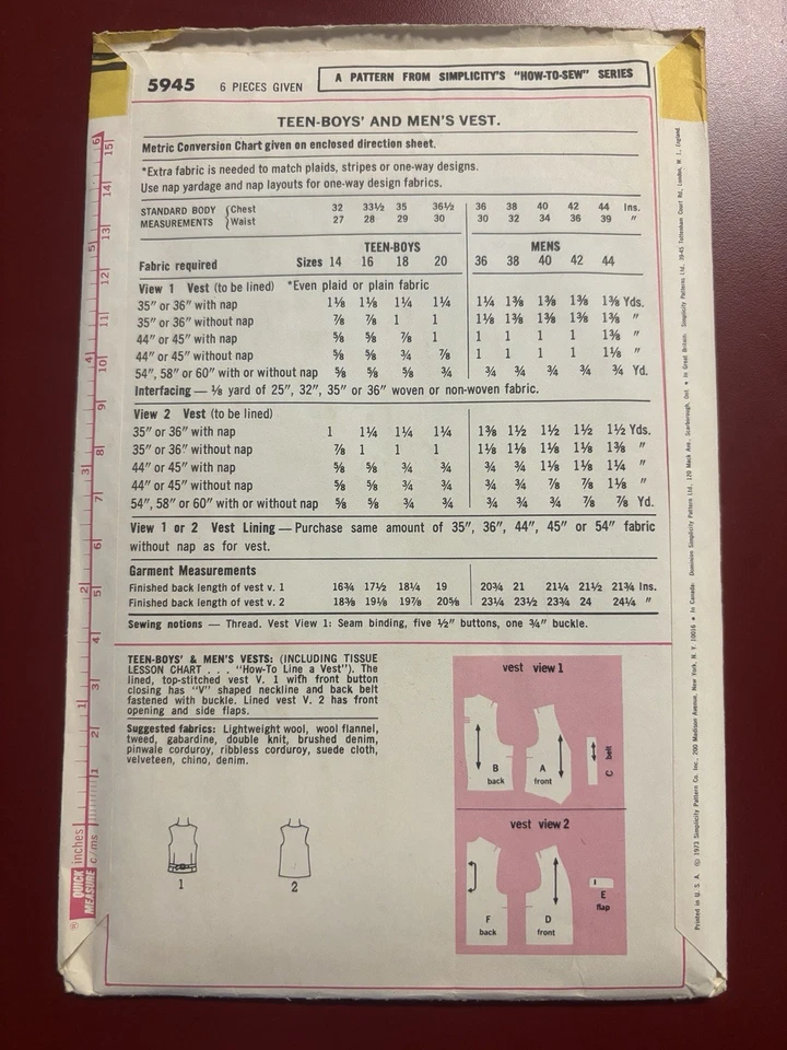 5945 Vintage Simplicity SEWING Pattern 1970s Mens Vest How to Sew 38 Waistcoat - Image 2 of 4
