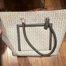 GUESS Logo Print Tote Bag with Braided Handles, Black Gray, Zip, Inner Pockets