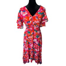 Abel the Label Floral Flutter Sleeve Smocked Waist Midi Dress S Boho