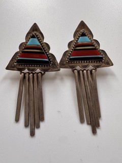 Southwestern Sterling Silver Triangle Stripped Inlay Earrings With Moving Fringe