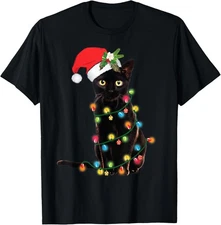 Santa Black Cat Tangled Up In Christmas Tree Lights T-Shirt