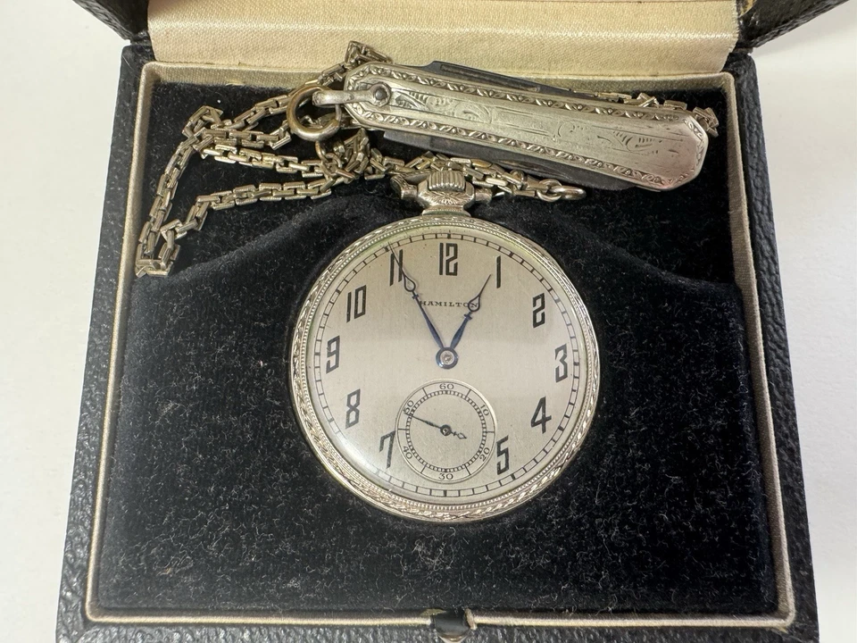 Reloj Bolsillo Hamilton Oro Blanco 14k Relleno, Reloj Bolsillo Vintage, Estuche Original Foto 3 de 4