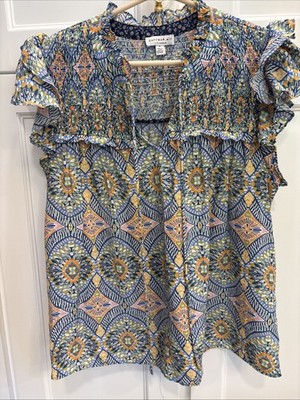 Current Air Smocked Flutter Sleeve V-Neck Sm Mulitcolor Boho Anthro Hippie Prep