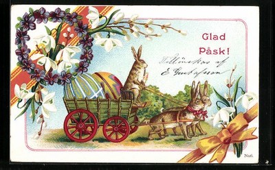 Postcard Easter Bunnies Pulling A Colourful Egg Carriage 