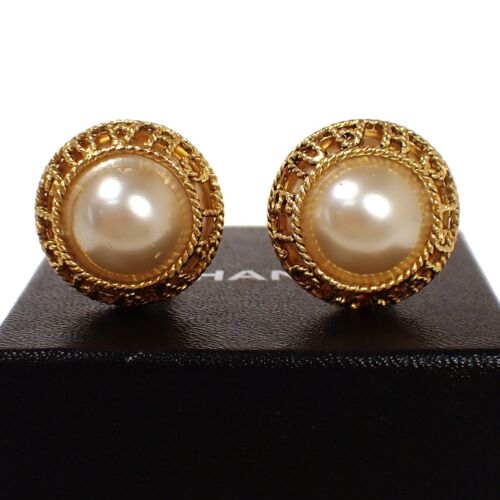 Pre-Owned CHANEL 94A Coco Mark Pearl Flower Earrings Gold Pentagon