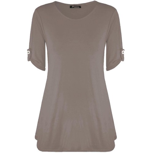 New Ladies Turn up Sleeve Button Swing Frayed Dress Top - Picture 5 of 11