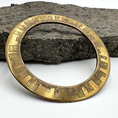 Vtg Brass Unique Flat Bangle Bracelet Etched Geometric Ancient Tribal Motif 8''