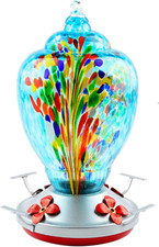 32 Ounces Colorful Hand Blown Glass Hummingbird Feeder For Outdoor Blue-Firework