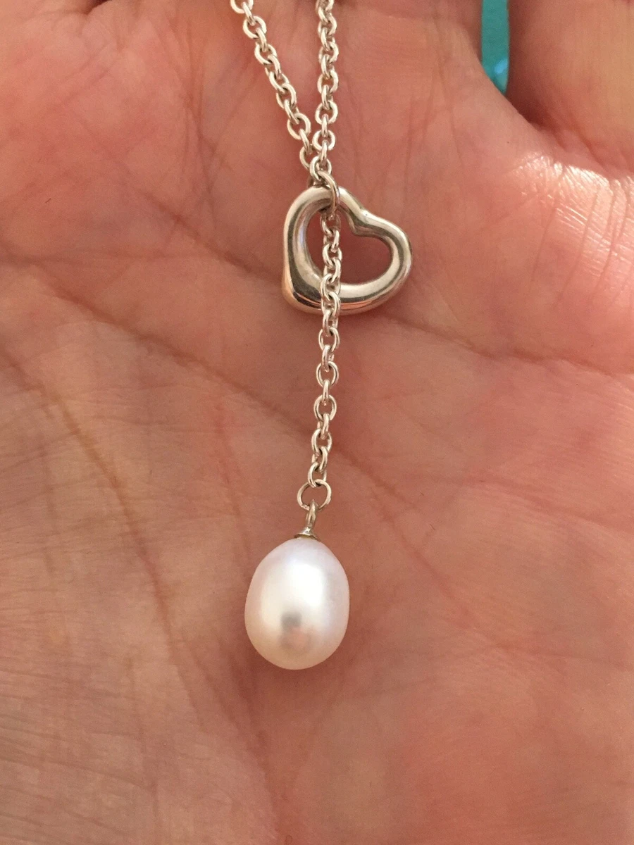 Tiffany Co Silver Elsa Peretti Open Heart Pearl Chain Lariat 19