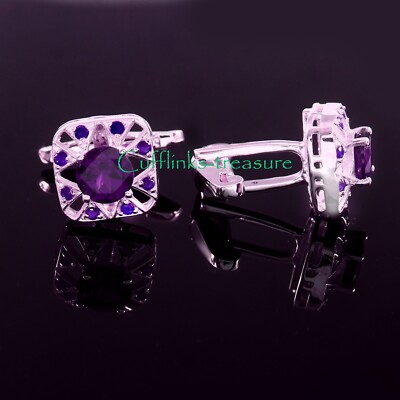 Natural Amethyst & Sapphire Gemstones 925 Sterling Silver Cufflinks For Men's #9