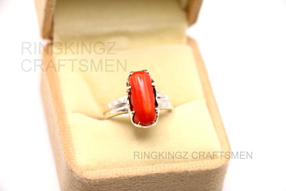Anillo Rojo Natural Para Hombre Plata de Ley 925 Piedra Merjan Corte Rectangular Talla 9 Foto 2 de 4
