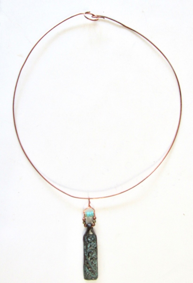 ARTISAN-MADE NECKLACE Copper Wire Collar, Hand-Made Ceramic & Beads Pendant NEW
