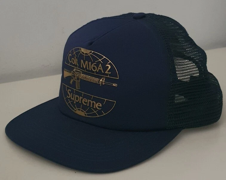 Casquette bleue SS14 Supreme Colt M16 dos maille 5 panneaux rare vintage 2014 camionneur 