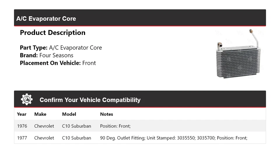 For 1976-1977 Chevrolet C10 Suburban A/C Evaporator Core Front 4 Seasons - Image 2 of 4
