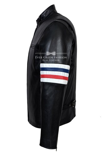 Chaqueta de cuero negra para hombre estilo motociclista americano rayas CUERO REAL FÁCIL DE MONTAR - Imagen 5 de 8