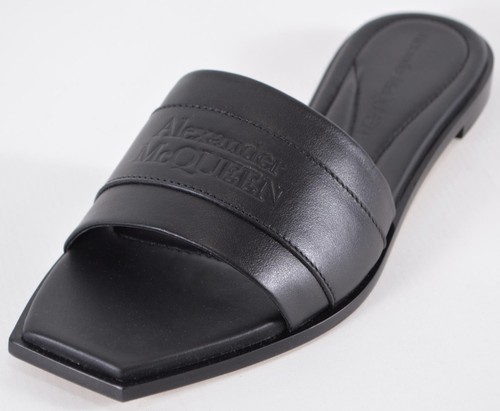 New Alexander McQueen Black Leather Embossed Logo Slides Sandals Shoes 37 7 - Picture 1 of 10